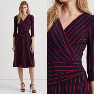 NWT Lauren Ralph Lauren Surplice V-Neck 3/4 Sleeve Striped Midi Dress size 16